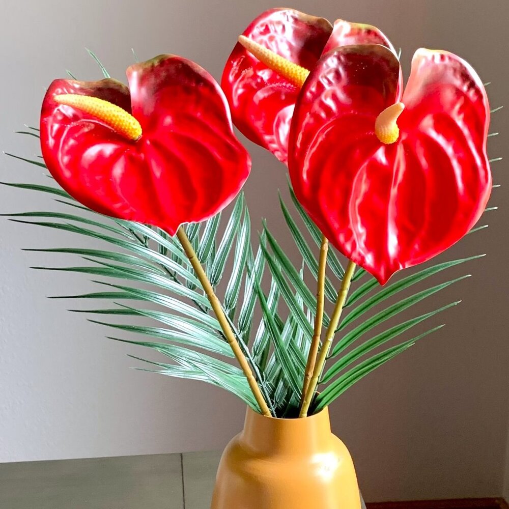 Gorgeous 3 Stems 22.5" Artificial Faux Multicolor Variegated Anthurium Flowers - Picture 2 of 7